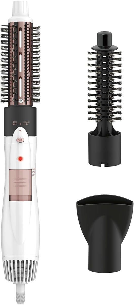 Double Ceramic 3-in-1 Hot Air Brush, Interchangeable Attachments: 1¼-Inch Thermal Brush, ¾-Inch Boar and Nylon Bristle Brush, and Concentrator, Voluminous Curls & Straight Styles, White