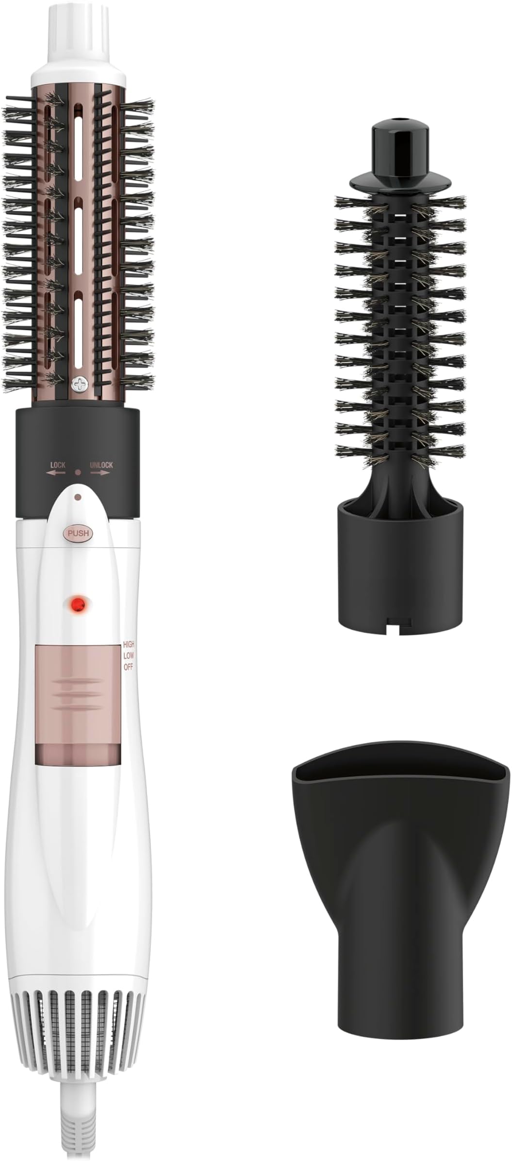 Conair Double Ceramic 3-in-1 Hot Air Brush, Interchangeable Attachments: 1¼-Inch Thermal Brush, ¾-Inch Boar and Nylon Bristle Brush, and Concentrator, Voluminous Curls & Straight Styles, White
