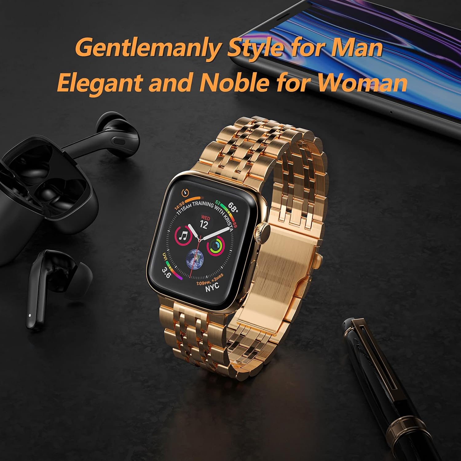 Luxury Apple Watch Bands for Apple Watch Series 7 Apple Watch 6/5/4/3/2/1/SE, Upgraded Stainless Steel Metal Watch Band for Apple Watch Band 38/40/41/42/44/45mm(Rose Gold,38/40/41mm) image 2