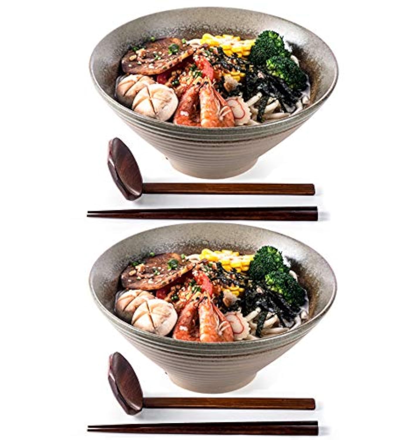 NJCHARMS Ramenschalen aus Keramik, Nudeln, Suppenschüsseln, 2 Sets (6 Stück) 1,701.0 g, große japanische Keramik-Ramenschüssel mit Löffeln und Essstäbchen für Salat, Udon Pho asiatische Nudeln,