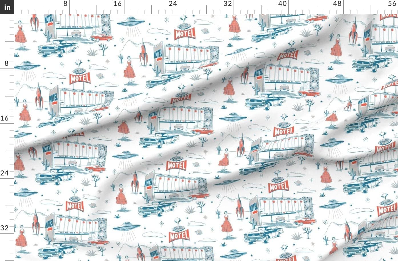 Spoonflower Fabric - Retro Car Mid-Century Alien Toile UFO Sci Fi Atomic Desert Spaceship Printed on Organic Cotton Sateen Fabric by The Yard - Sewing Quilting Apparel Home Decor