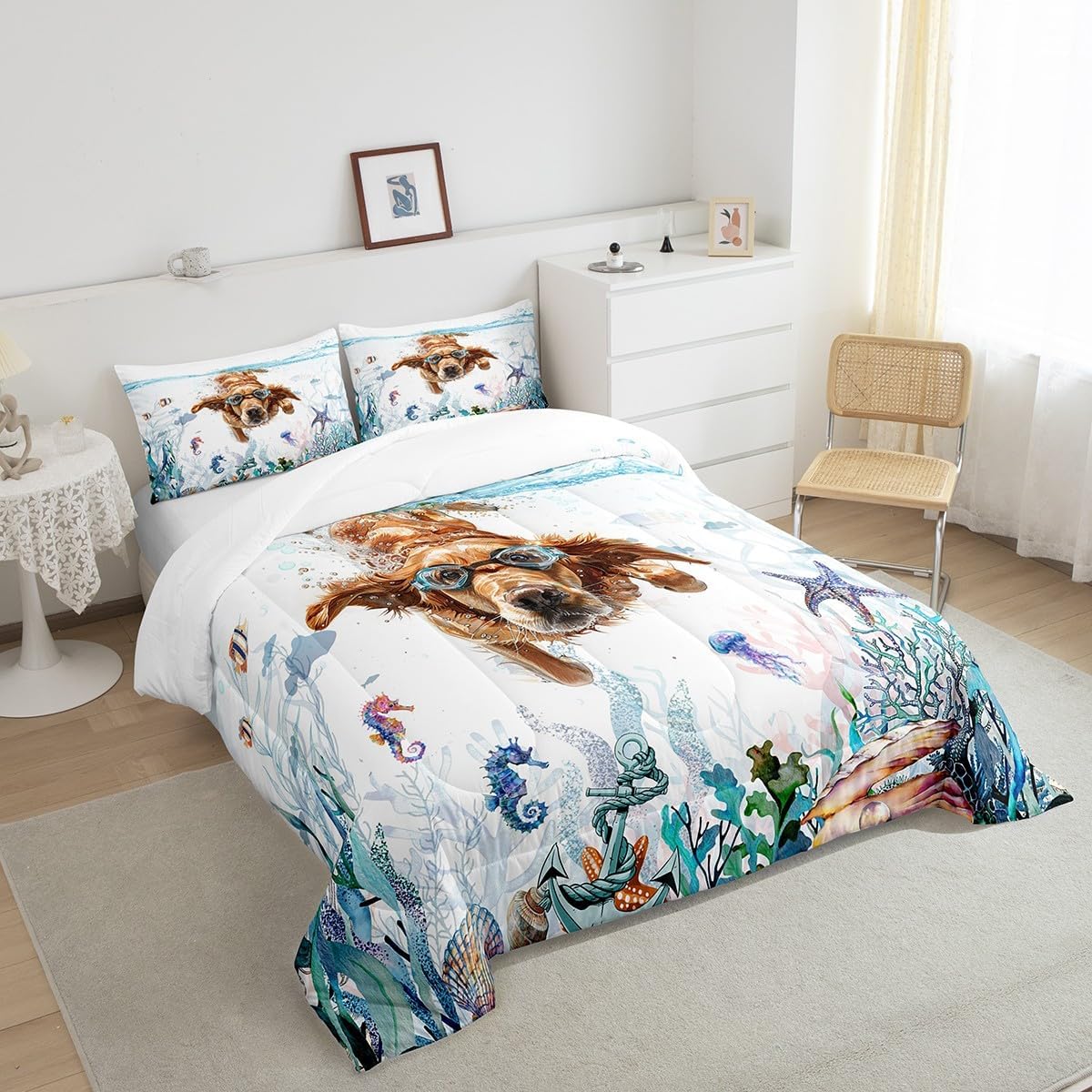 Feelyou Cute Dog Bedding Set Boys Girls King Size Kawaii Animals Comforter Set for Kids Women Men Ocean Comforter Puppy Dog Duvet Set Room Decor Quilt Set