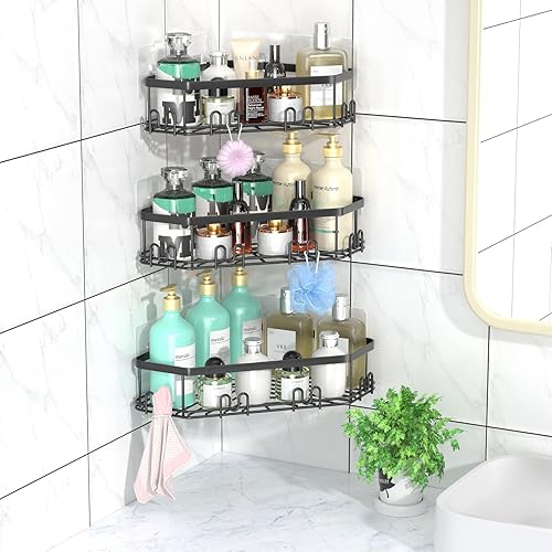 Miniatura 3 de STEUGO Organizador de esquina para ducha, paquete de 3 estantes organizadores adhesivos de ducha, estante de almacenamiento de ducha de acero