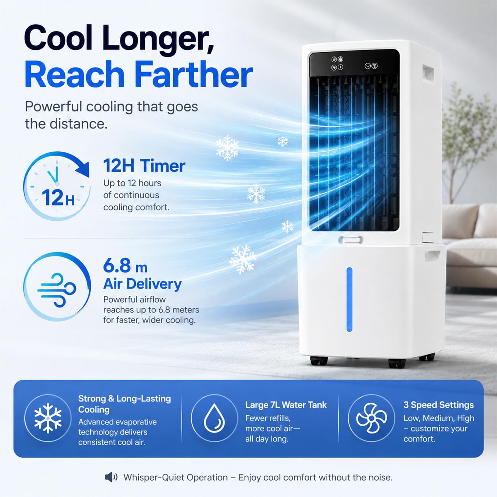 Rinfrescatore Evaporativo 12L, Ventilatore Silenzioso ad Acqua con Telecomando Slim, Climatizzatore d'Aria da Stanza con Serbatoio Estraibile, Timer 12 Ore, per Soggiorno, Letto e Mansarda