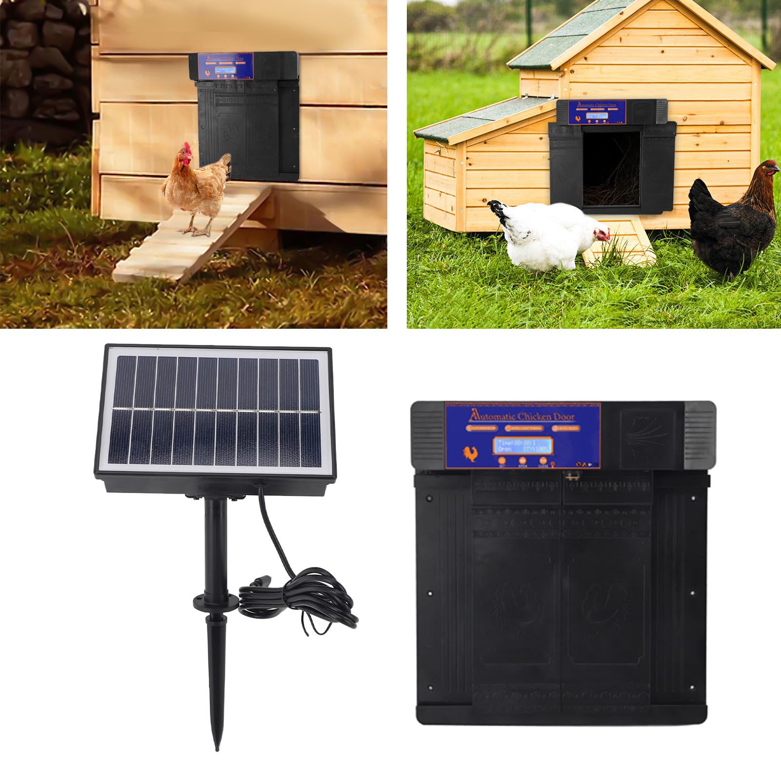 Cocoarm Puerta Automática para Gallinero, Puerta de Gallinero con Energía Solar con Temporizador, Infrarrojos Anti Pellizco, Pantalla LED, Doble Potencia, IP45 Impermeable para Pollos, Patos, Gansos