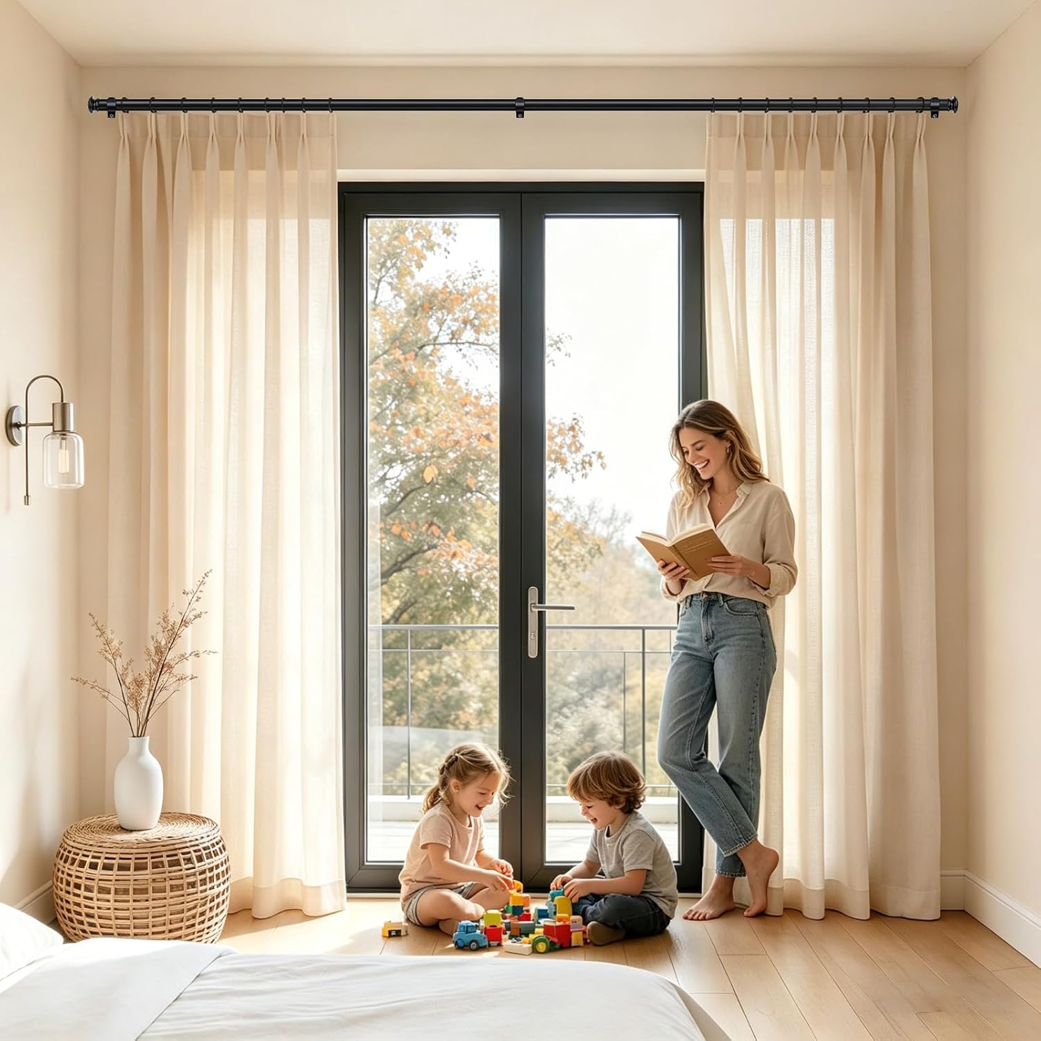 TONIAL Black Curtain Rods for Windows 28 to 48 Inches, Telescoping Splicing 3/4 Curtain Rod 32 to 43 Inch(2.6-3.6ft), Decorative Single Drapery Rod with Small Finial thumbnail