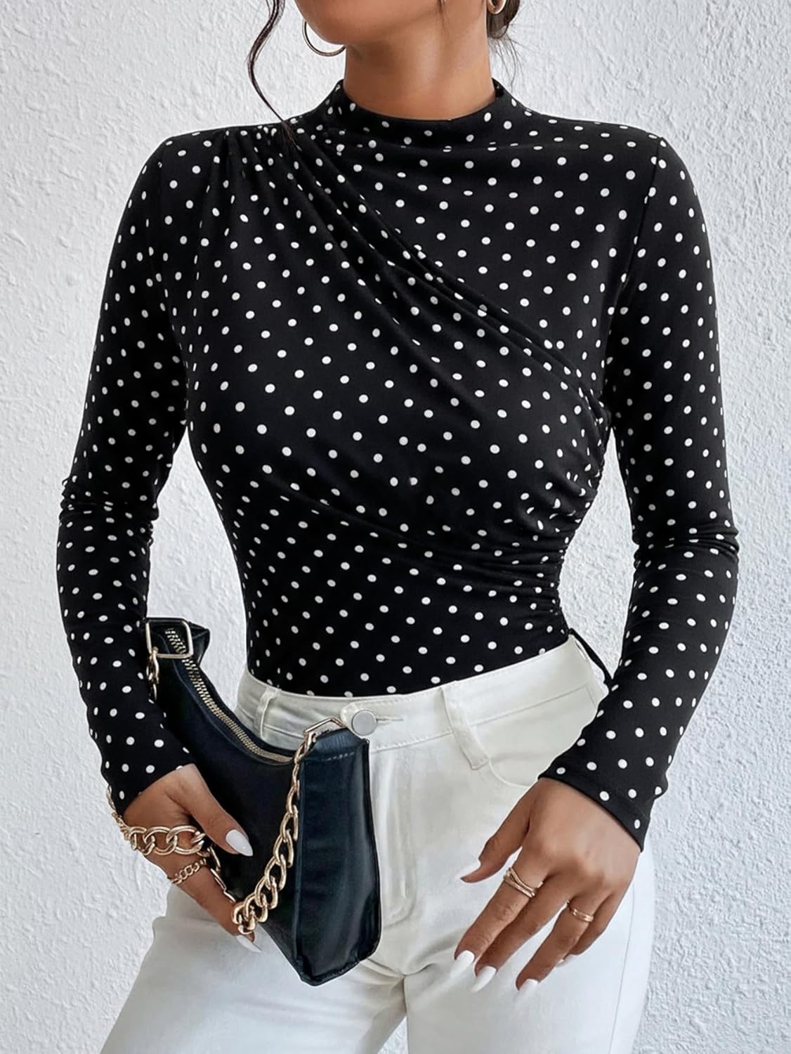 SweatyRocks Women's Bodysuit Mock Neck Casual Ruched Long Sleeve Jumpsuit - Image 3