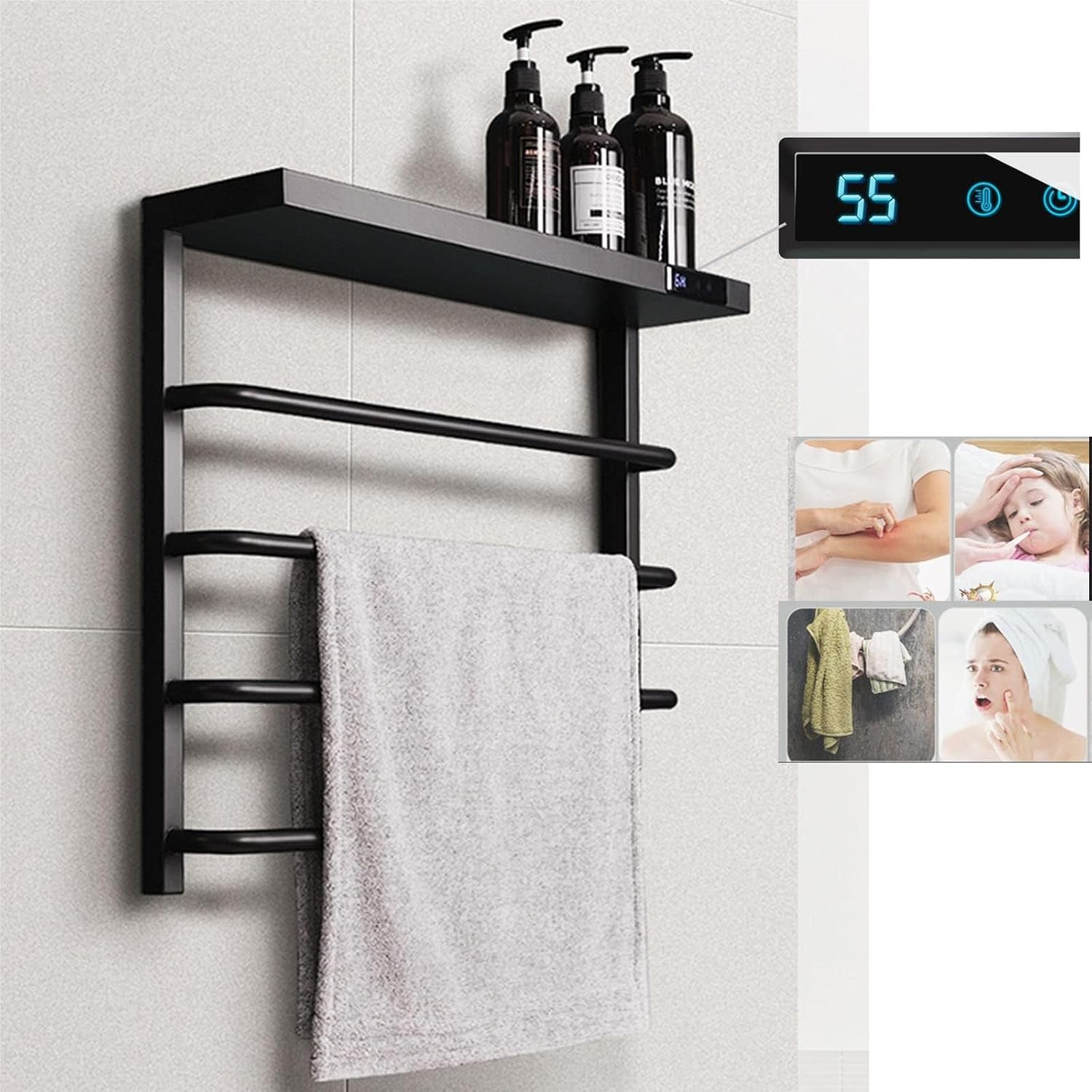 Towel Warmer Electric Black, Wall Mounted Heated Rack Towel, Stainless Steel Drying, 4 Bars Hot Racks for Bathroom,White-Black(White)