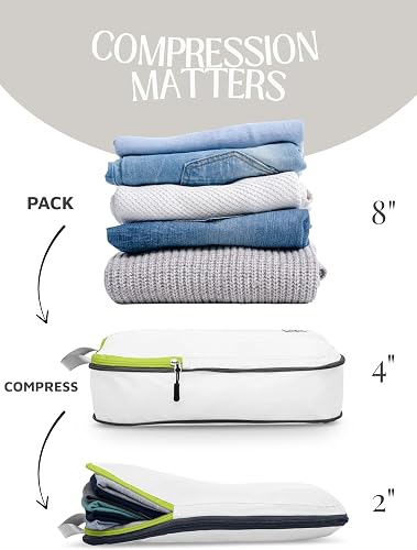 Compression Packing Cubes Set for Carryon Travel-Lightweight Durable Luggage Organizer Bags with Double Zipper by TRIPPED Travel Gear (2 Piece, White/Green) - 6