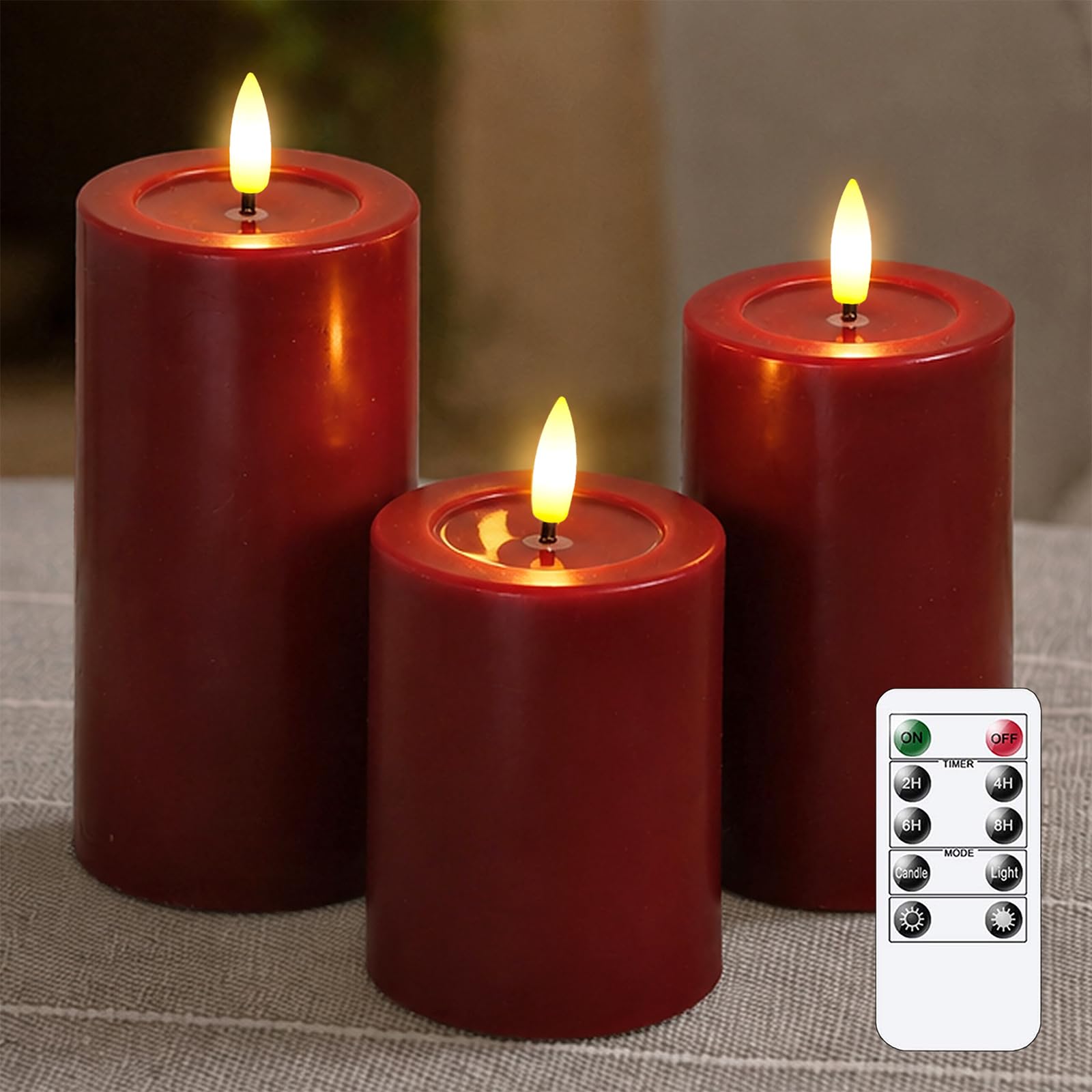 Yeelida remoto sin llama parpadeante velas LED con aceite de cera de diseño, Borgoña Pack de 3 pilas Oprated pilar temporizador real velas de cera (7.5x10 12.5 15cm)
