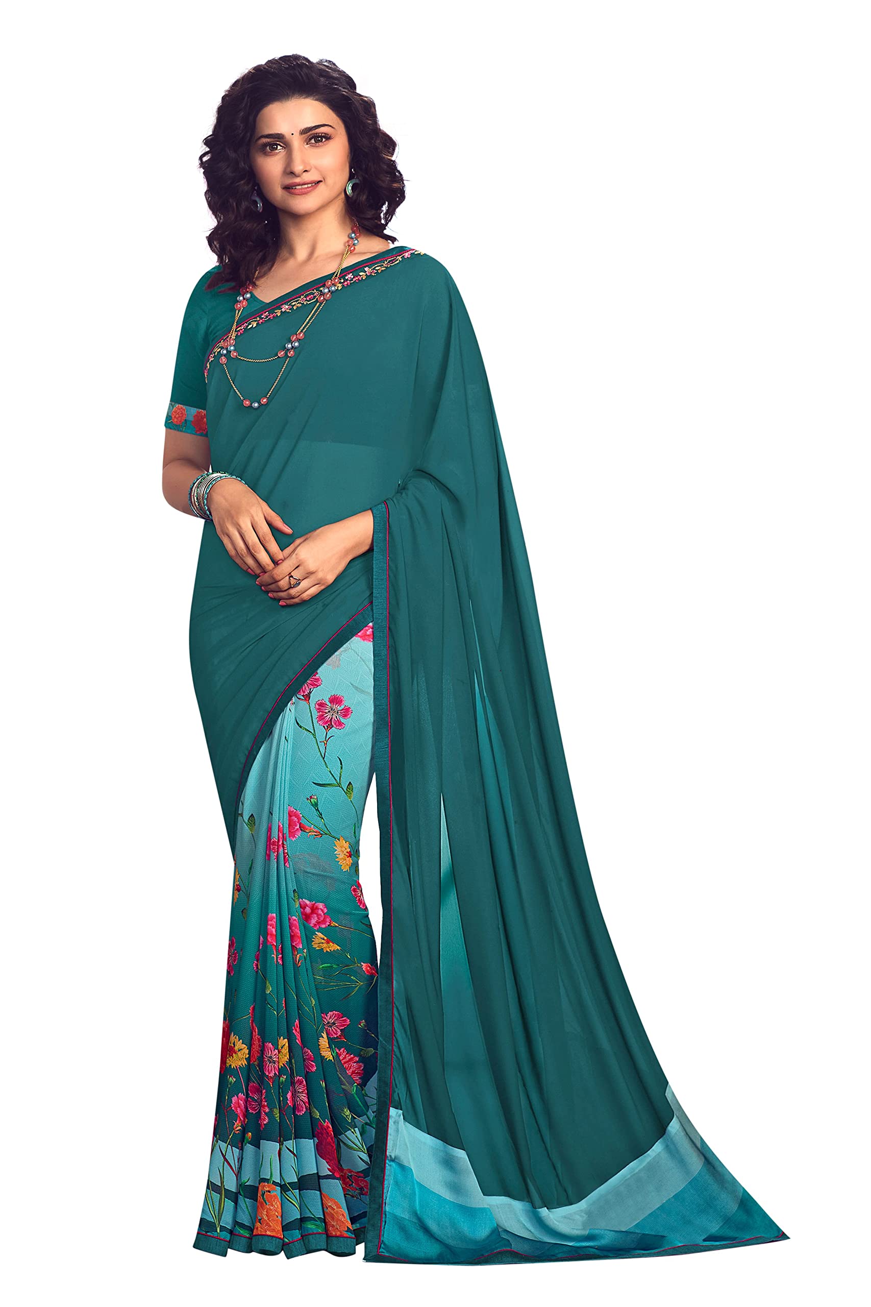 Rihana fashionPrinted Half & Half Georgette Sarees and Unstitched Plain Blouse Piece - A-50