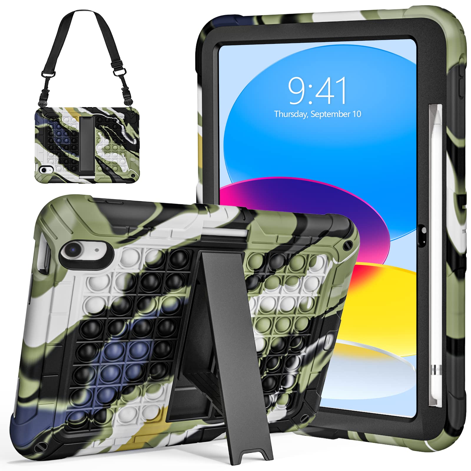 Ambison New iPad 10th Generation 10.9 inch 2022 Case for Kids, Shockproof Rugged Protective with Pencil Holder Kickstand & Shoulder Strap for iPad 10.9 Inch 2022 Release Kids Children (Camouflage)