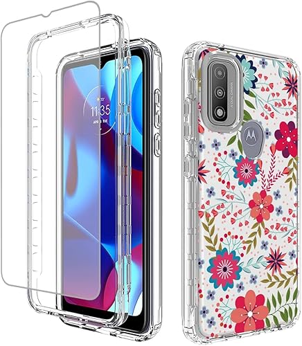 Funda para Moto G PureMotorola G Pure 2021 con protector de pantalla de vidrio templado, funda protectora de TPU transparente floral a prueba de