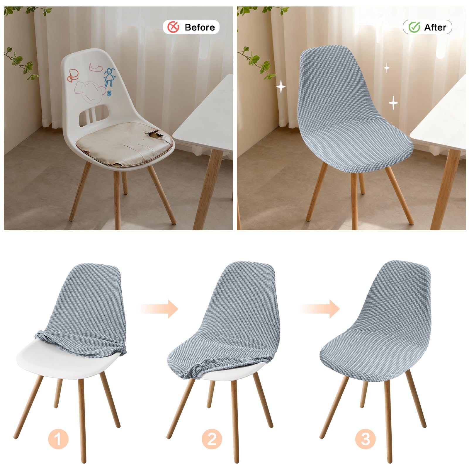 Fuloon Modern Shell Dining Chair Covers Jacquard Elastic, Corn Grain - Light Gray, Set of 4 - Image 7