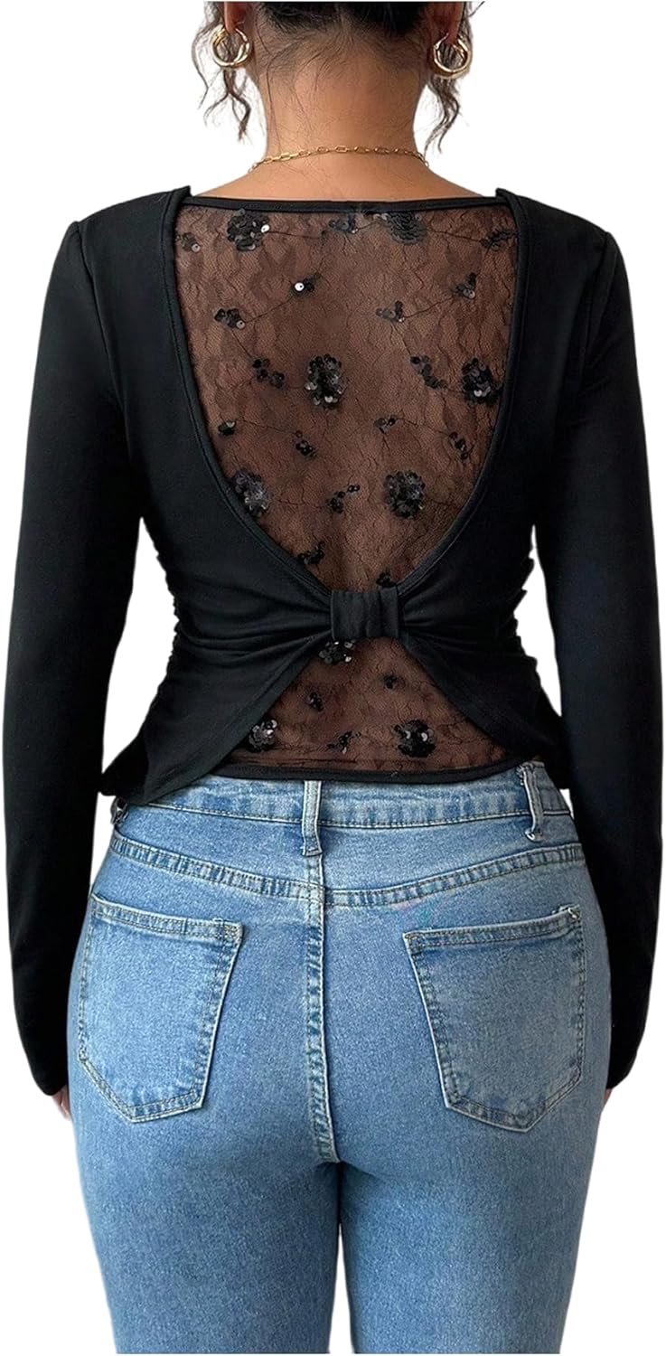 SweatyRocks Women's Lace Long Sleeve Tops Mesh Scoop Neck Going Out Tee Shirts