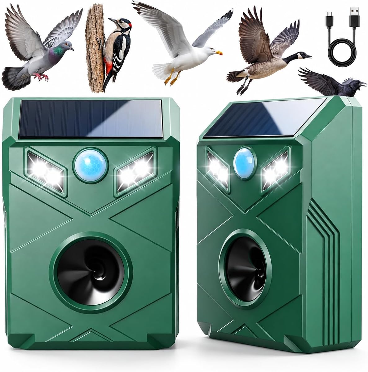 2 Pack Solar Ultrasonic Bird Repellent Devices Outdoor Bird Deterrents for Outside with Motion Sensor & Flashing Light to Keep Woodpecker Pigeon Crow Sparrow Away from Garden, Roof, Pool,Patio