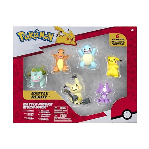 Pokemon PKW2684 Battle Figure 6 Pack-Features 2-Inch Pikachu, Squirtle, Charmander, Bulbasaur, Mimikyu & Toxel-Authentieke Details, Multi