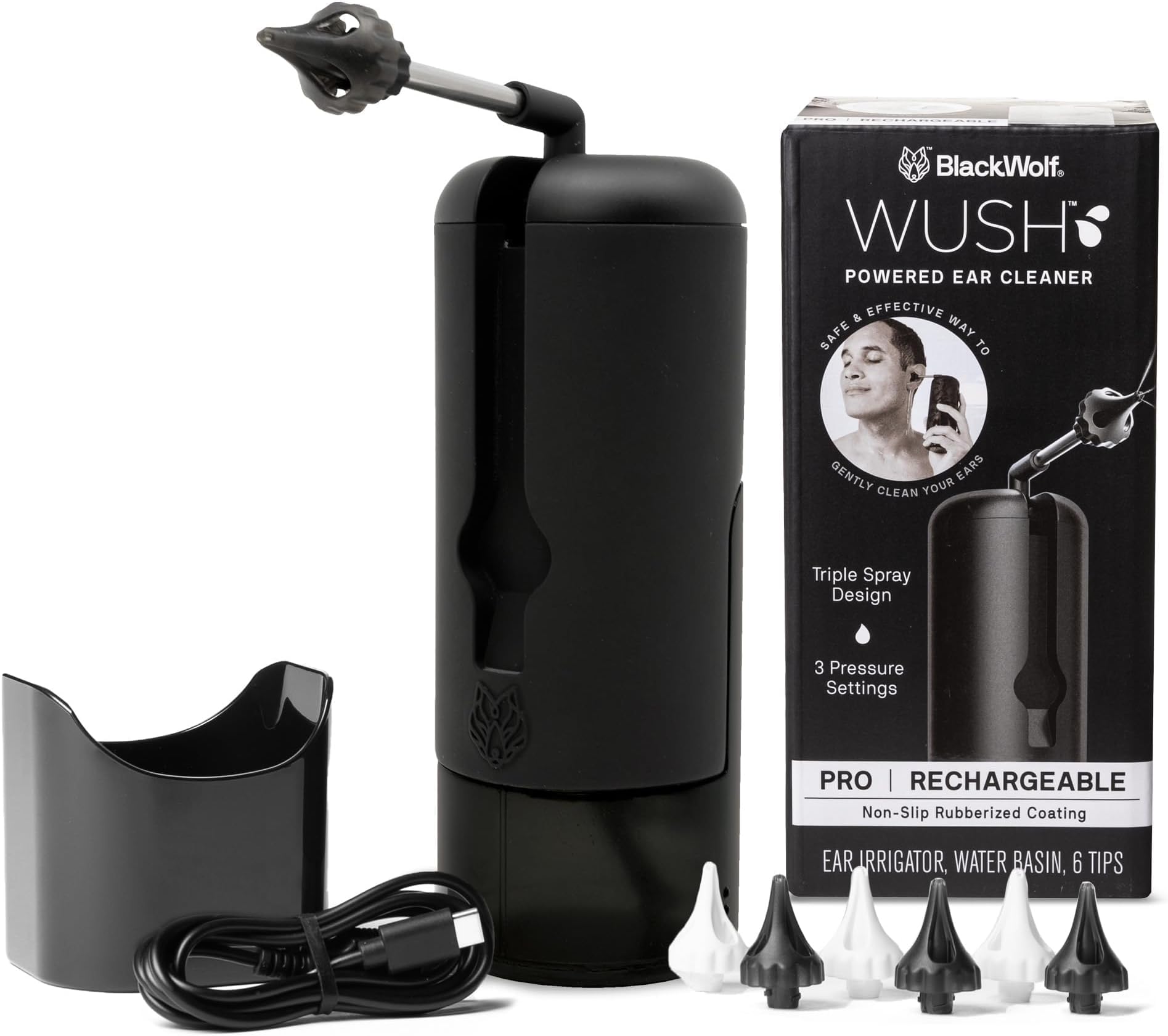 Wush Pro By - Water Powered Ear Cleaner - Safe & Effective - Electric Triple Jet Stream with 3 Pressure Settings For Ear Wax Buildup - Ear Wax Removal Kit - Water Resistant USB Rechargeable
