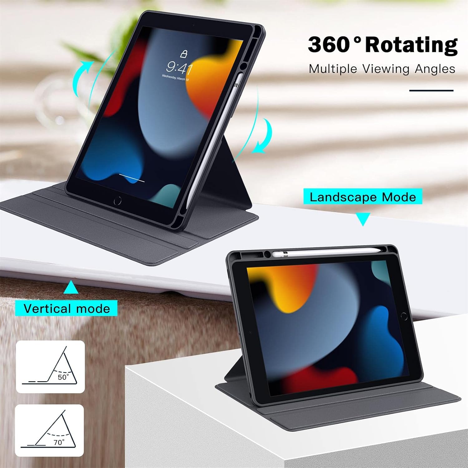 Ztotop Rotating Case for iPad 10.2 Inch 9th / 8th / 7th Generation (2021/2020/2019), 360° Rotating case with Pencil Holder & Clear Transparent Back, Slim Smart Cover with Auto Wake/Sleep, Black