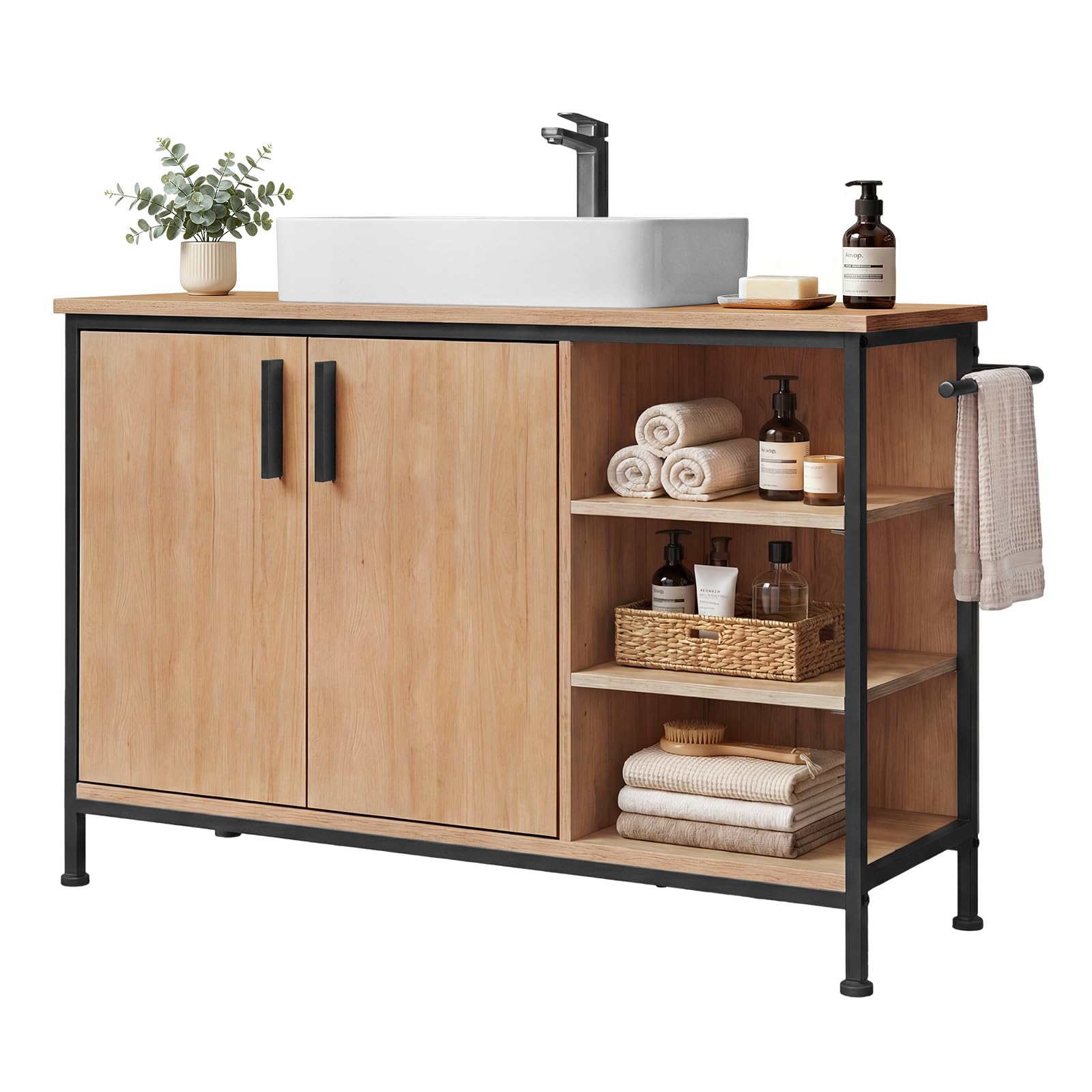 EUGAD Waschbeckenunterschrank, Badezimmerschrank mit Schubladen 3 offenen Fächern, Unterschrank mit verstellbaren Ablagen, freistehender Waschtischunterschrank, 90x60x30 cm (2 Türen)