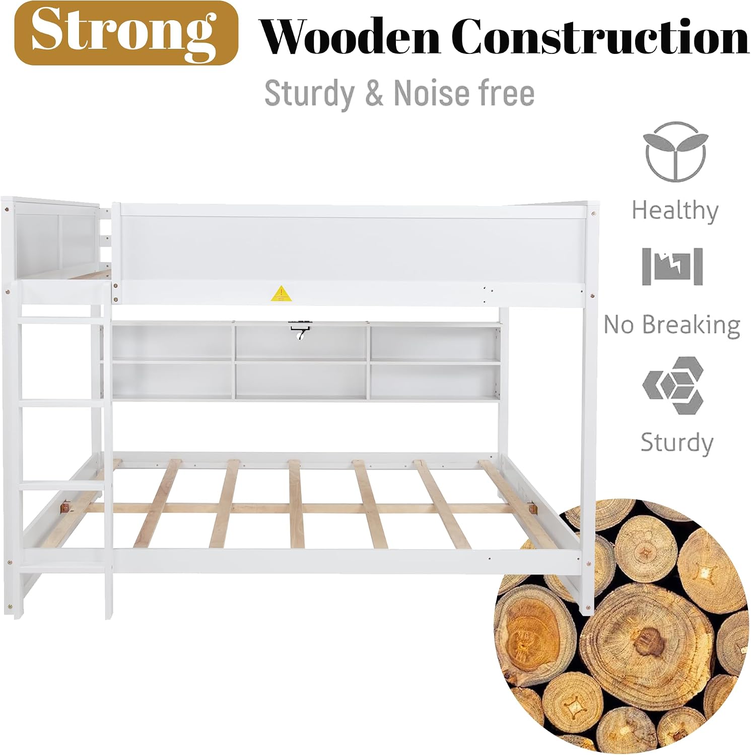 Wood Queen Over Queen Bunk Bed with Storage Cabinets, Modern Queen Bunk Bed for Adults with USB Charging Station,Ladder and Safety Guardrails, Space-Saving, No Box Spring Needed,White