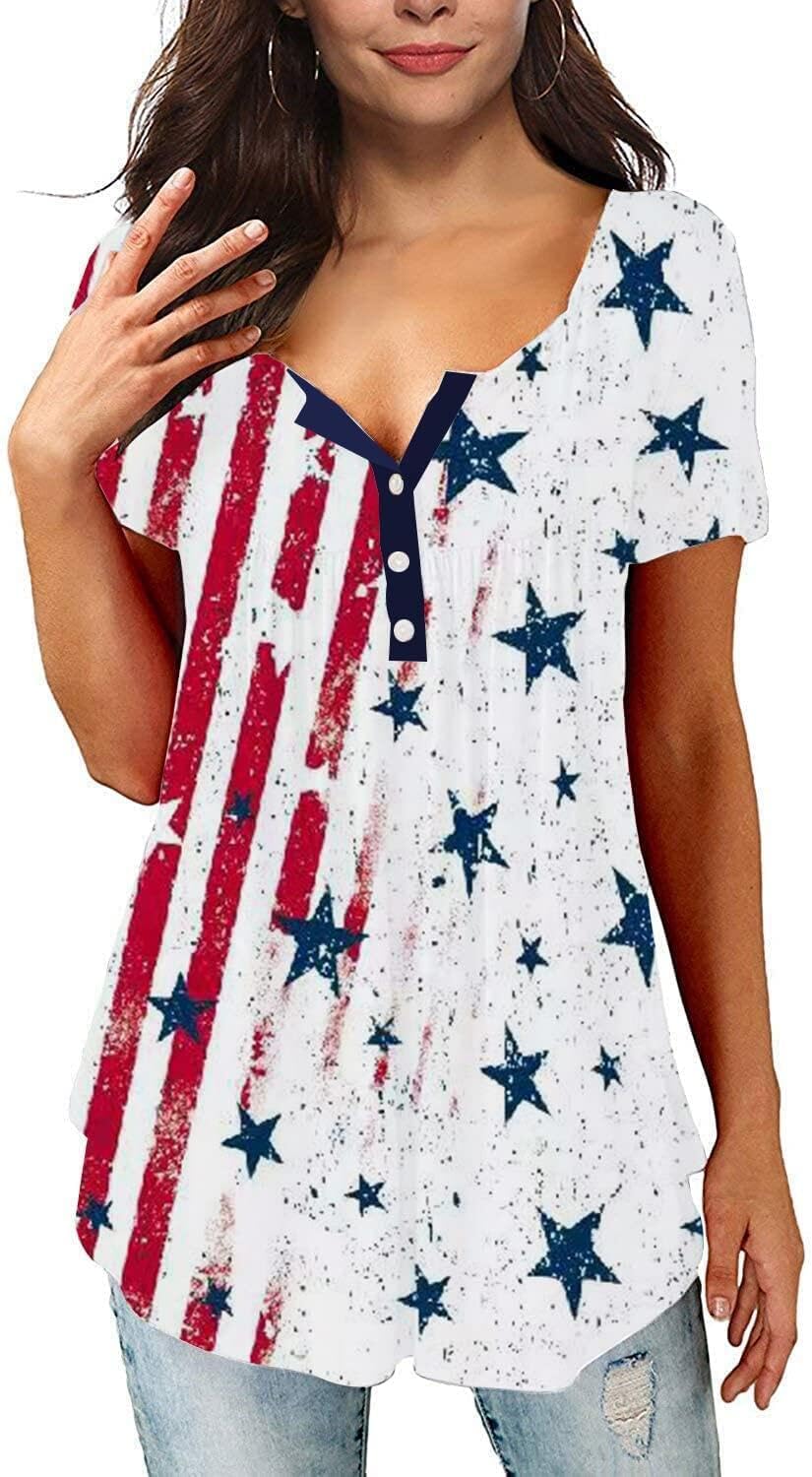 Roshop Women's Button Up Henley V-neck Loose Fit Plus Holiday Tunic Tops FF3 M