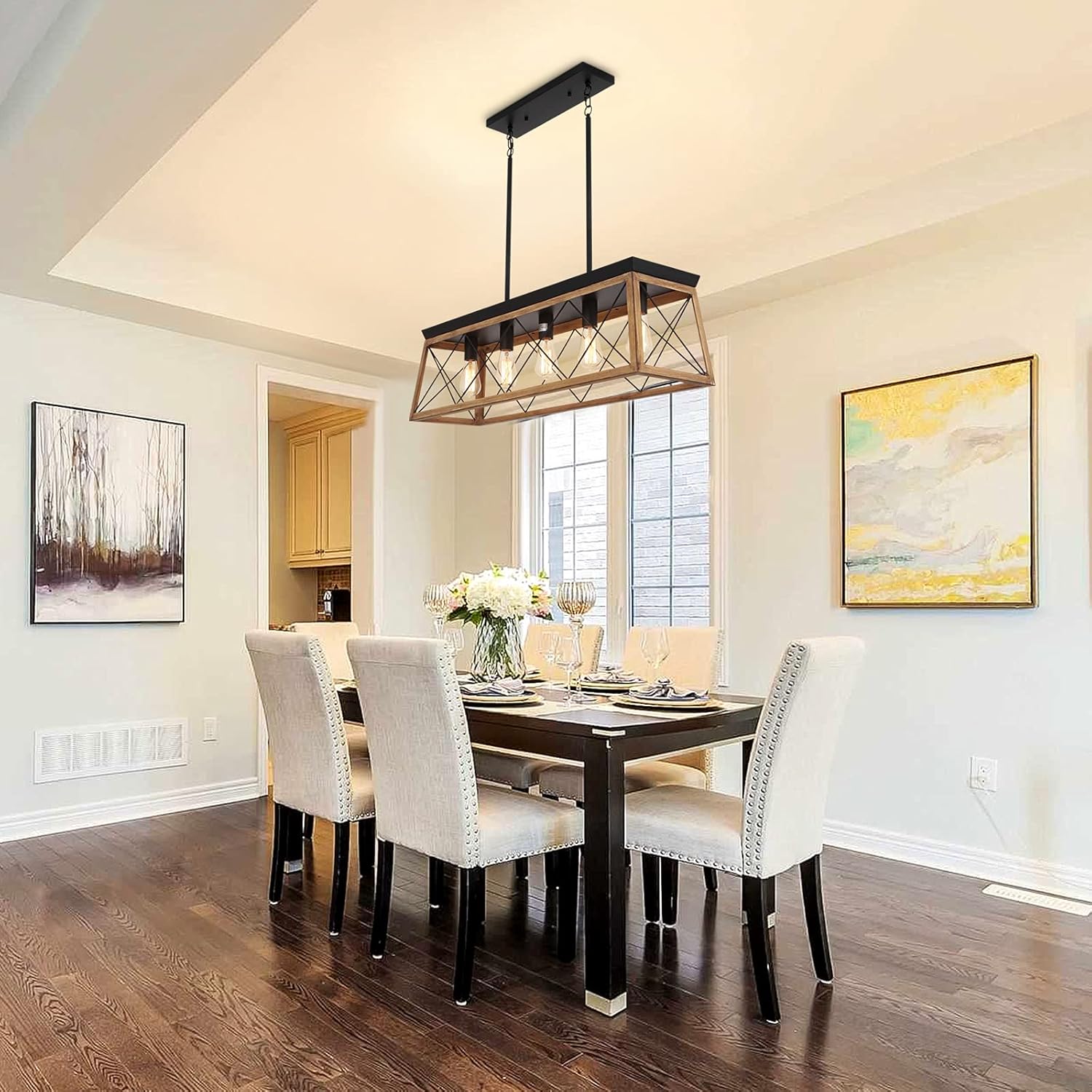 Uр Tо 60% оƒƒ GZBEINI 5 Lights Farmhouse Lights Fixture, Dining Room Lighting Fixtures Hanging Rustic Chandelier Pendant Lighting for Kitchen Island Matte Black with Wood Finish Finish
