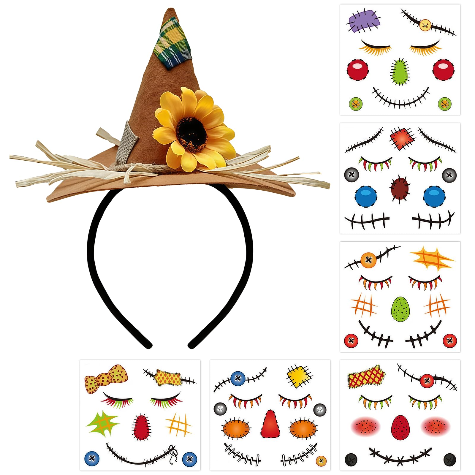 MFUOE 7PCS Halloween Scarecrow Costume Set Scarecrow Hat Headband and Scarecrow Face Temporary Tattoo Stickers for Halloween Costume Fancy Dress