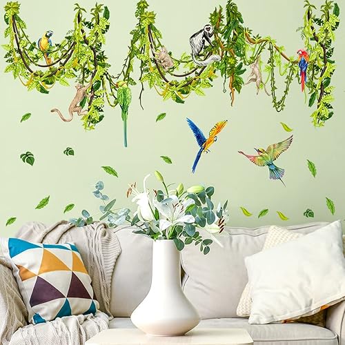 RW-YJ087 Calcomanías creativas de pared de plantas de selva tropical colgantes hojas verdes enredaderas monos pegatinas de pared DIY extraíble