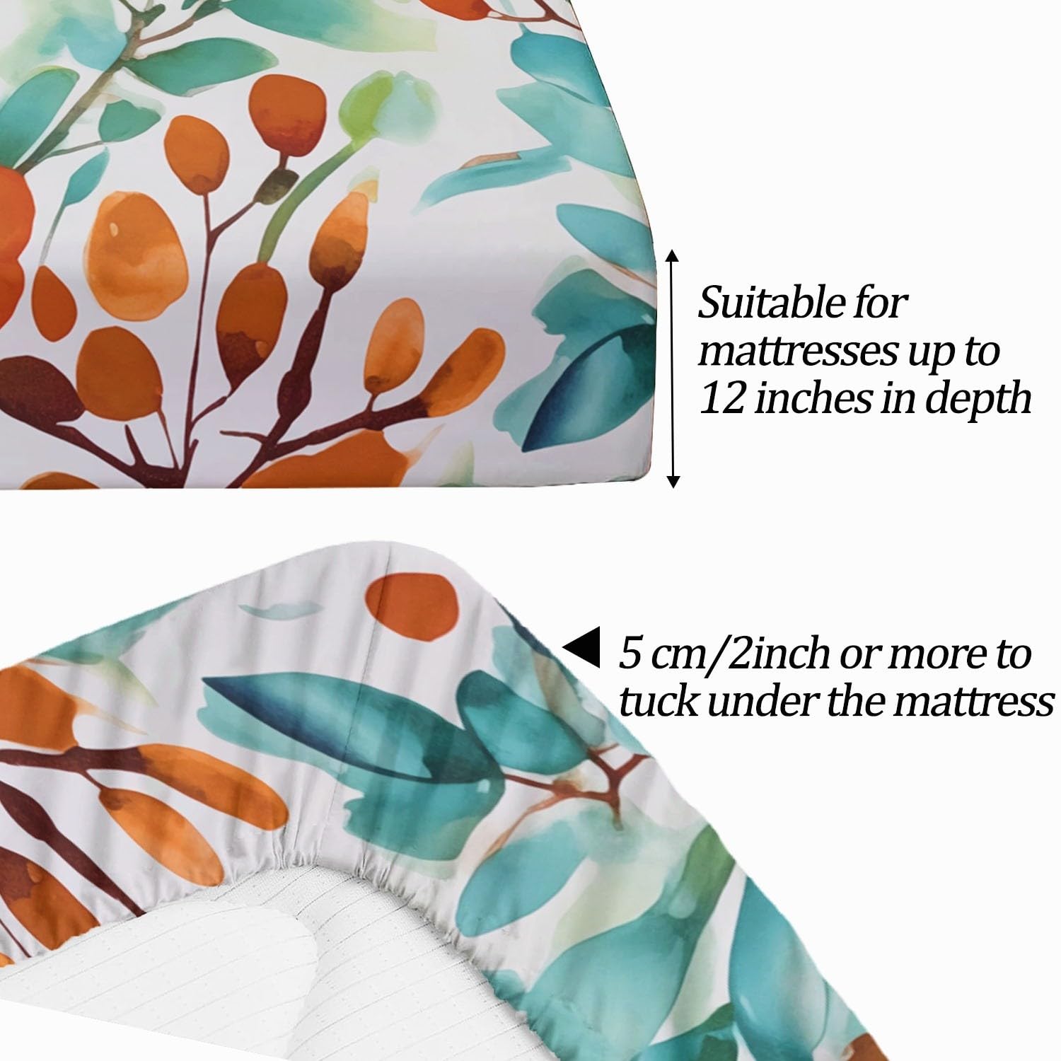 Drap Housse Doux Aquarelle Feuilles Baies Imprimer, 140 x 190 cm Résistance à la Déchirure Drap-Housse avec Poche 30 cm de Profondeur, Bleu Ensembles de literie pour Dortoirs Hôtels