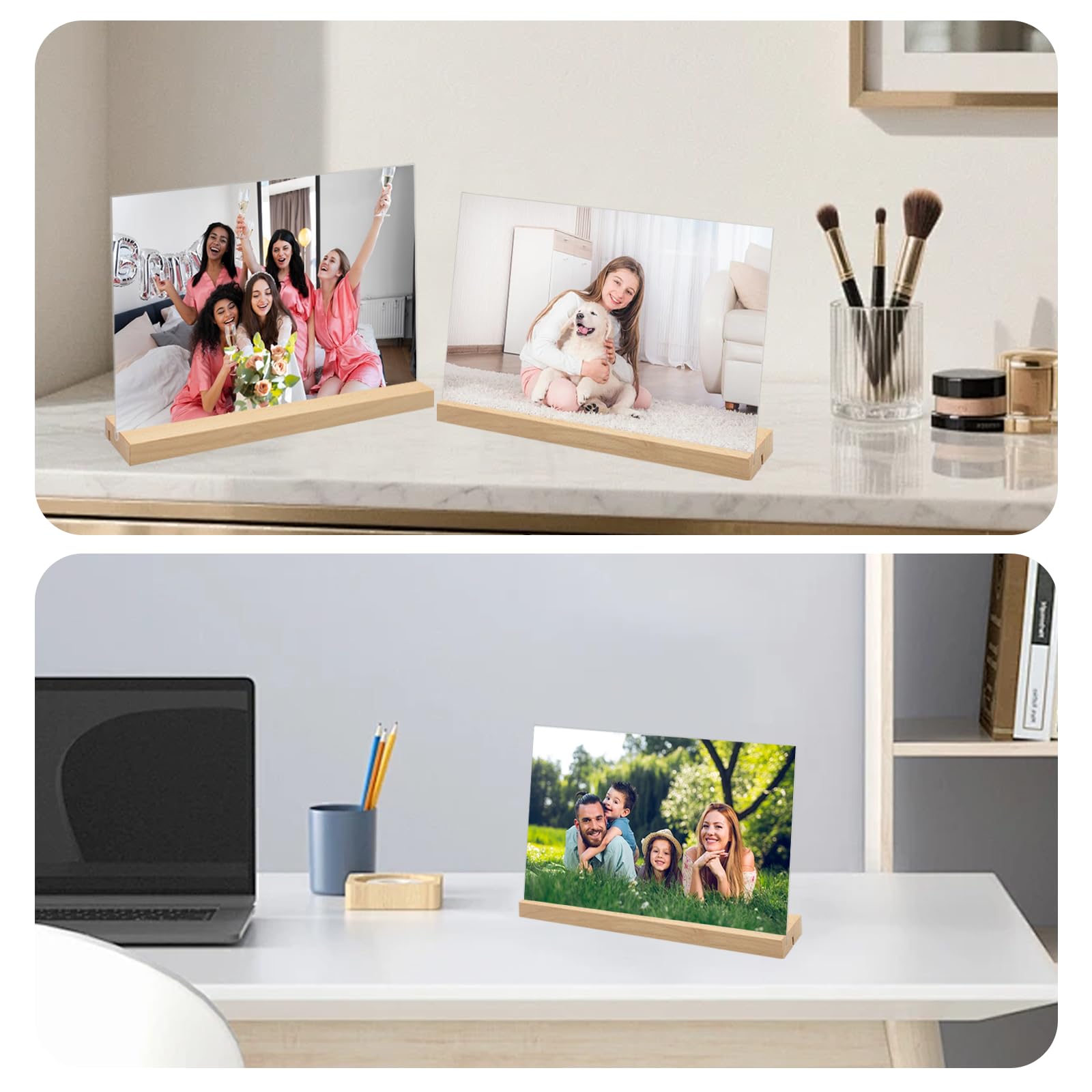 3 Pièces Présentoirs de Table A4, A4 Horizontaux Acrylique Double Face Porte Menu, Forme L/T Support Affiche Plaque avec Pied en Bois, Support de Table pour Exposition Café Bureau-297 x 210 mm