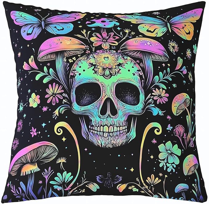 Erosebridal Gothic Skull Throw Pillow Cover,Sugar Skull Pillow Cover for Kids Boys Girls,Boho Plant Mushroom Cushion Case Rainbow Skeleton Flowers Leaves Decor,18x18 Inch