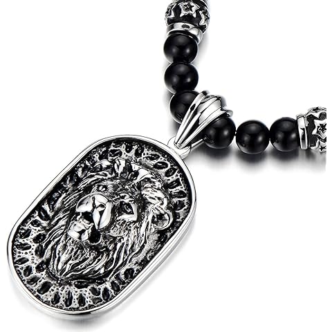 COOLSTEELANDBEYOND Gothic Style Mens Beads Necklace with Stainless Steel Lion Head Shield Pendant