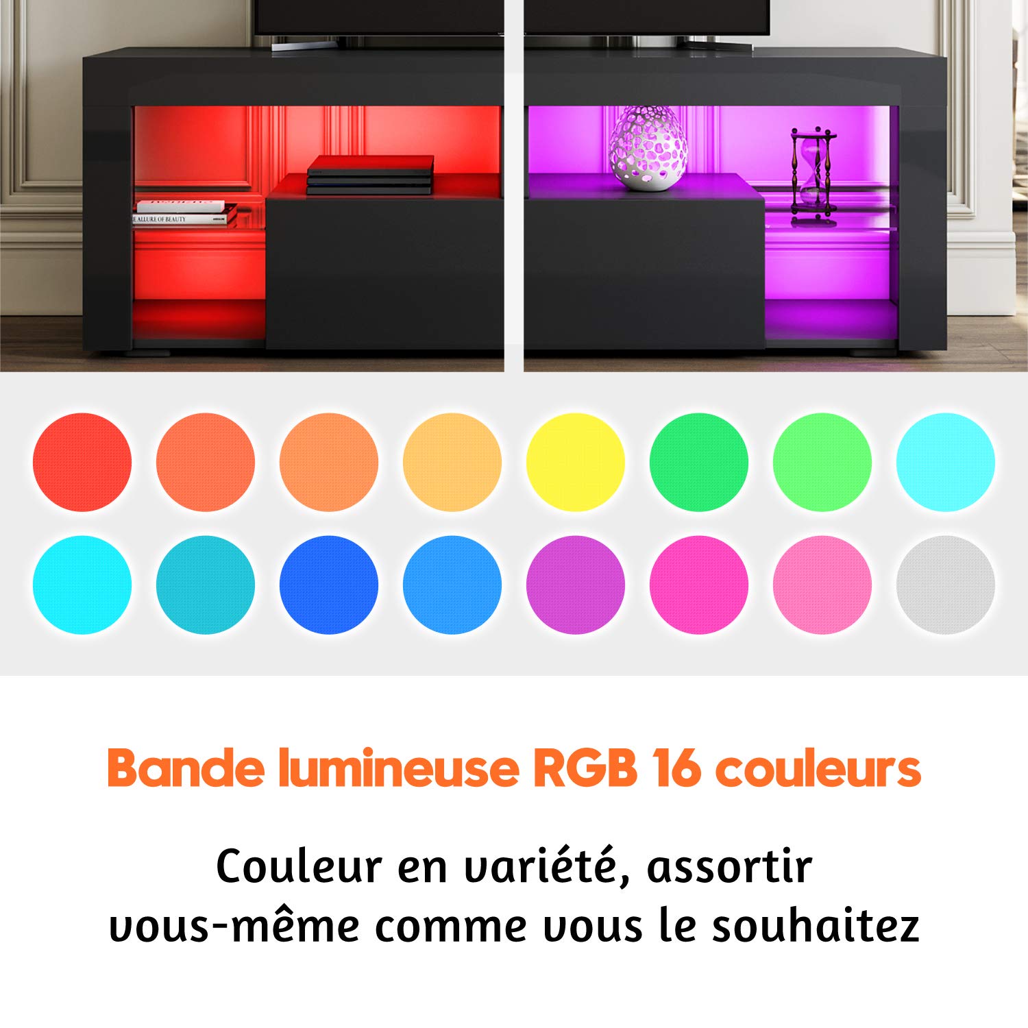 SIRHONA Meuble TV LED Noir, Banc TV 140x35x50.5cm, Éclairage LED RGB avec Couleur réglable, Capacité de Charge 40 kg, Convient pour Salon ou Chambre