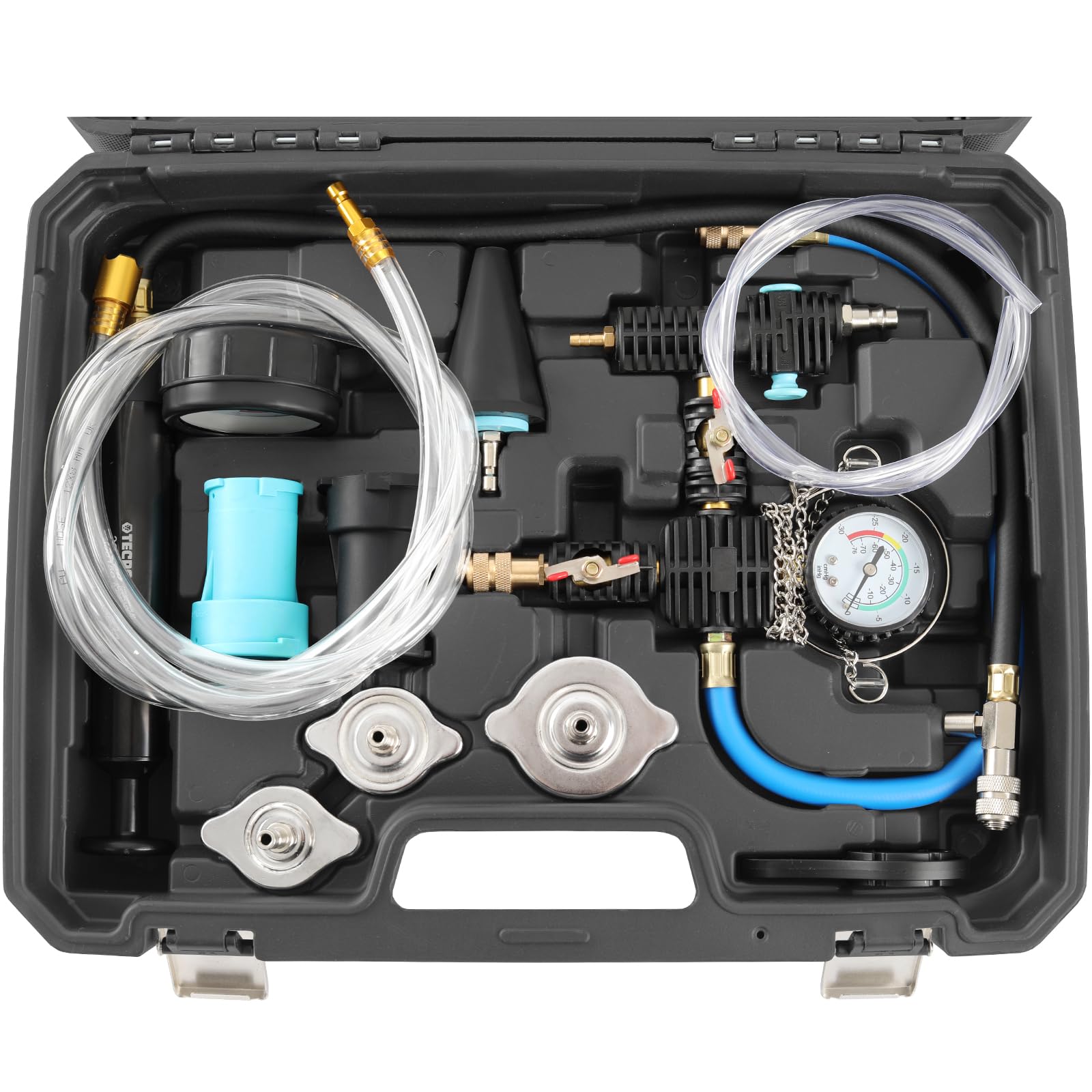 TECPO Kühlsystem Prüfgerät, Vakuum-Abdruck-Set, für PKW & leichte LKW, mit Pumpe, Manometer & Kühleradaptern, Druckprüfung 0-2,5 bar & Dichtheitskontrolle mit Vakuum-Wartungsset für Kühlmittel