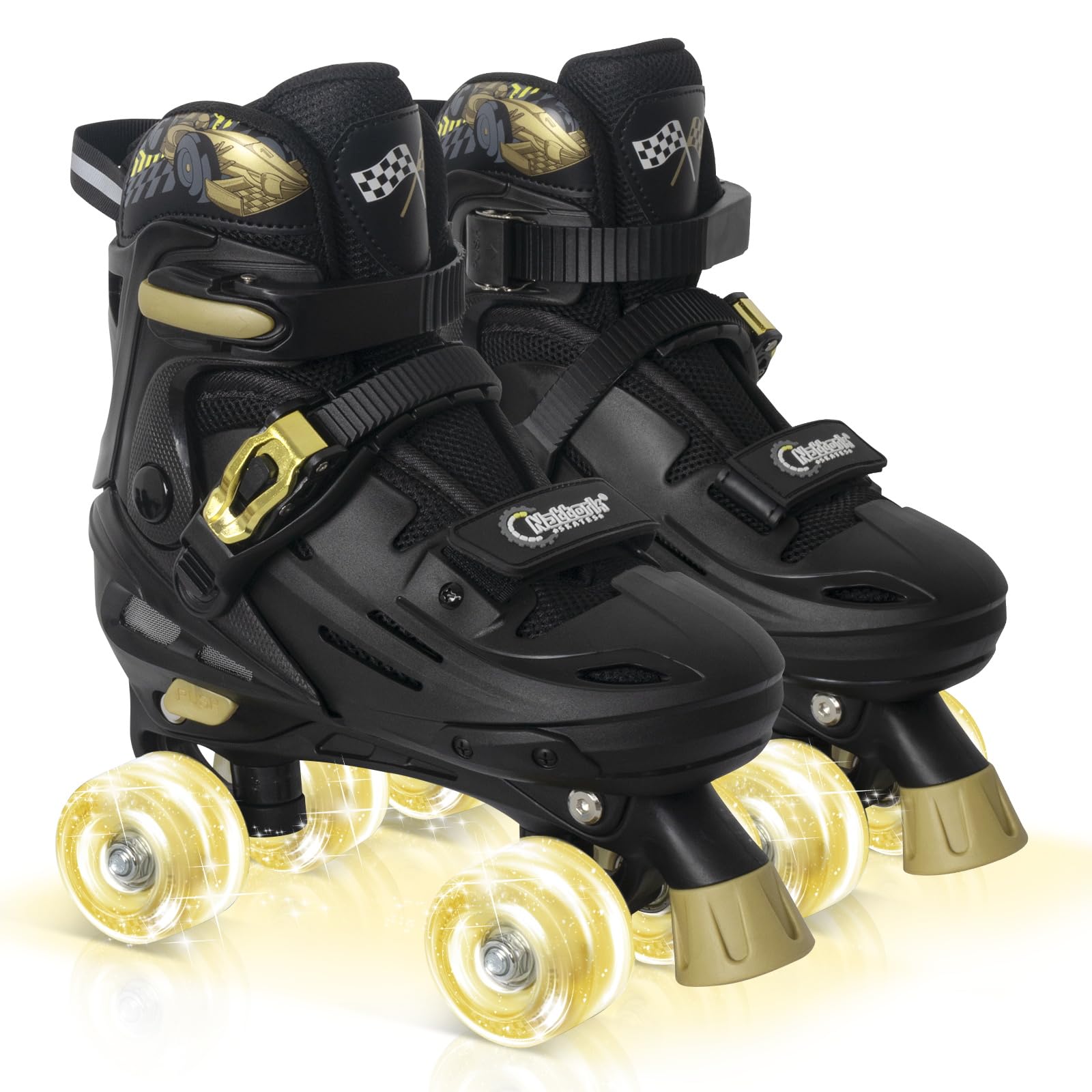 Nattork Kids Adjustable Roller Skates for Boys Girls Teens Ages 4-16, Indoor Outdoor Quad Skates with Car Design, Gift for Birthday Christmas