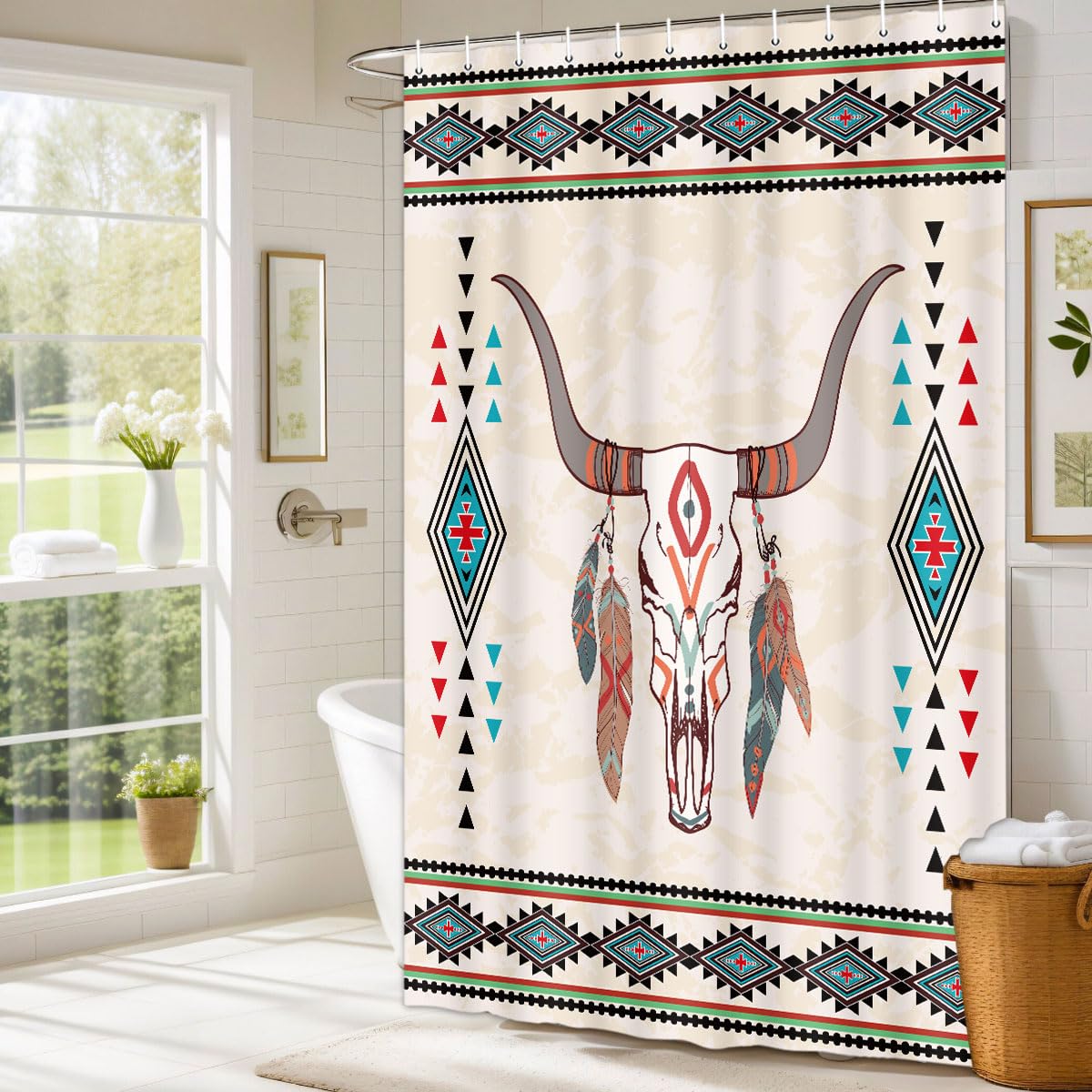 DYNH Western Aztec Bull Skull Shower Curtain - White Southwestern Design, Waterproof Polyester, 72x72 Inches With Hooks