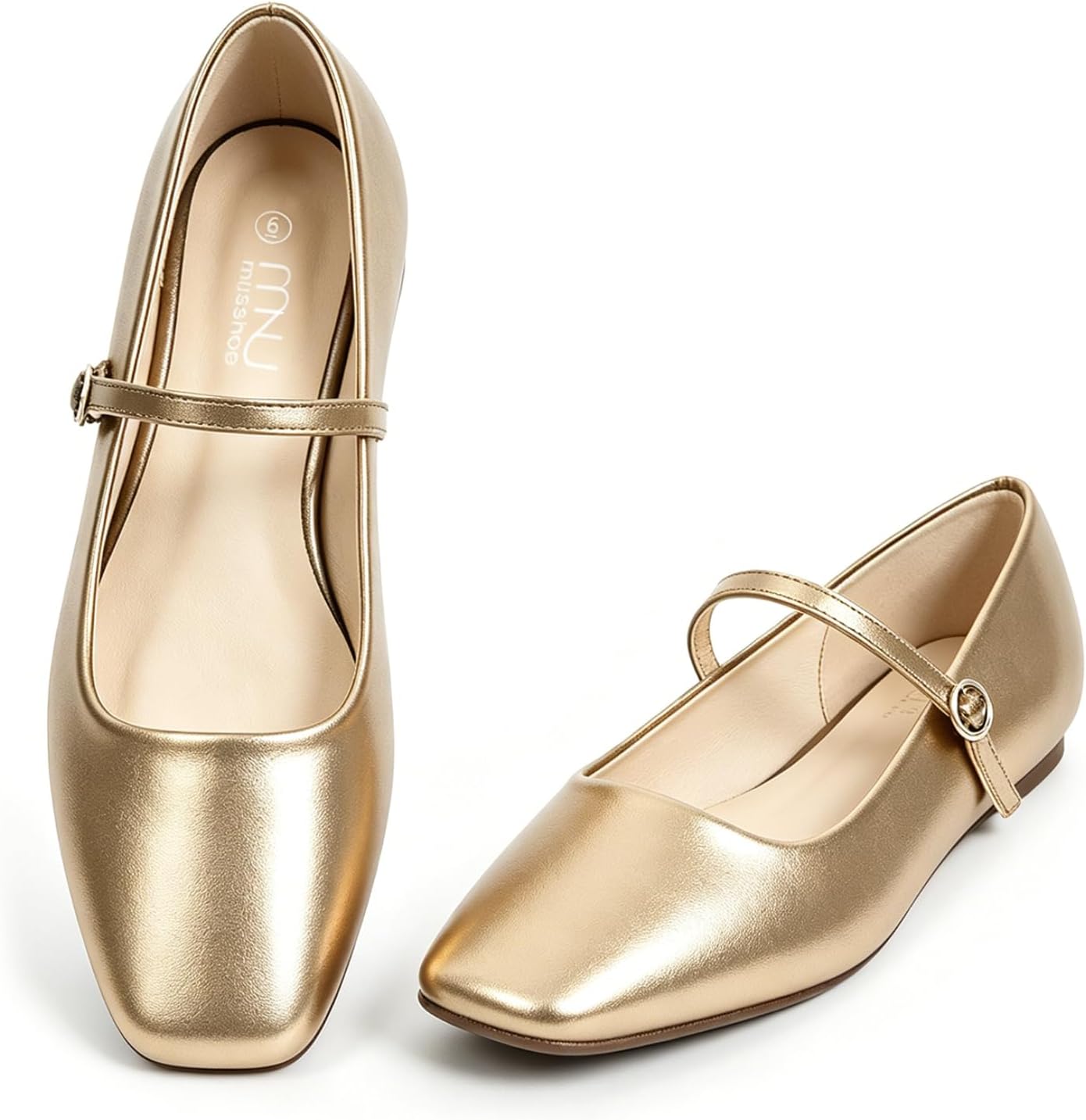 MUSSHOE Square Toe Mary Jane Flats for Women: Comfortable Non-Slip Dressy Business Casual Shoes with Adjustable Strap for Office Work