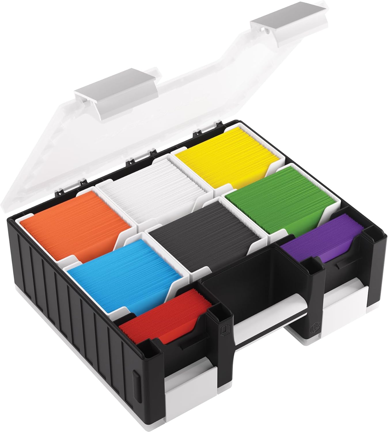 Game Castle - All-in-One Double-Sided Storage Case for Cards and Gaming Accessories, 19 Removable Trays in 5 Sizes, Ideal for Cards, Tokens, Dice and Tools, Black/White/Clear Color, Made by Gamegenic