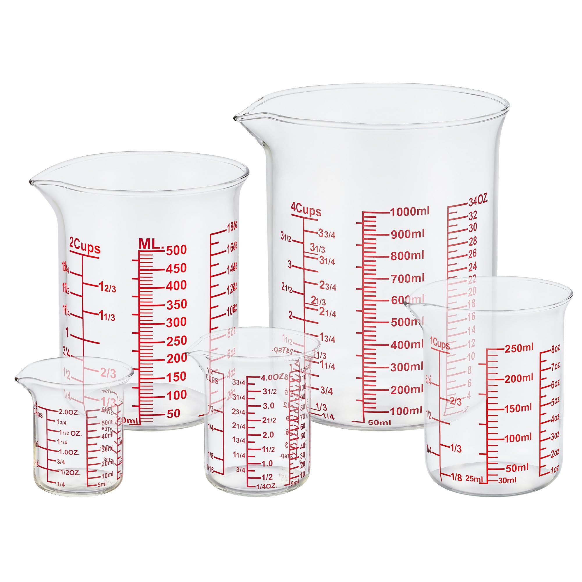 Ackers High Borosilicate Glass Measuring Cup Set with Pour Spout,60ml(2OZ),120ml(4OZ), 250ml(8OZ), 500ml(16OZ), 1000ml(32OZ) Glass Measuring Beaker for Kitchen or Restaurant, Easy to Read