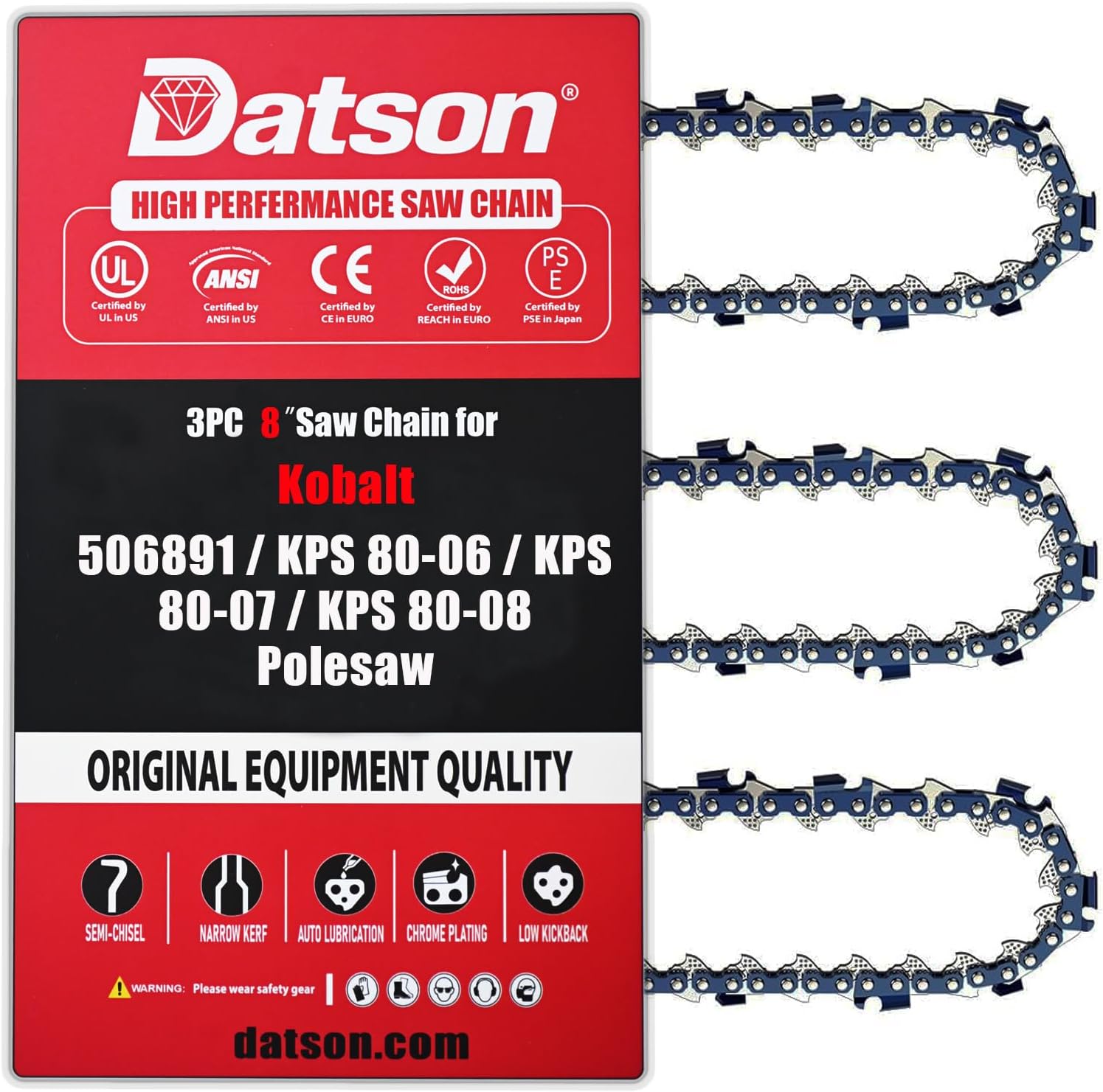 3PC 8 Inch Pole Saw Chain for KOBALT 506891 / KPS 80-06 / KPS 80-07 / KPS 80-08 Polesaw, 8" Replacement Chain for KPS 80-08 Pole Saws
