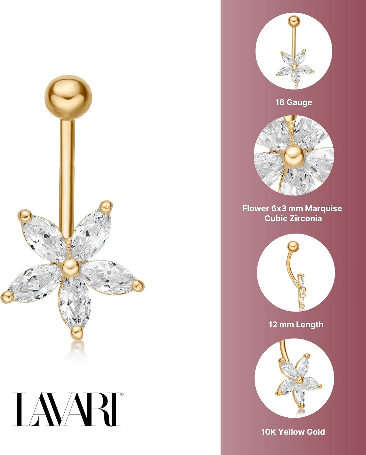 Lavari Jewelers 16 Gauge Flower Belly Stud for Women - 10k Yellow Gold 13.5mm Marquise Cut Zirconia Belly Ring - Unisex Sud Hypoallergenic Piercing Jewelry - 16G Body Piercing for Men