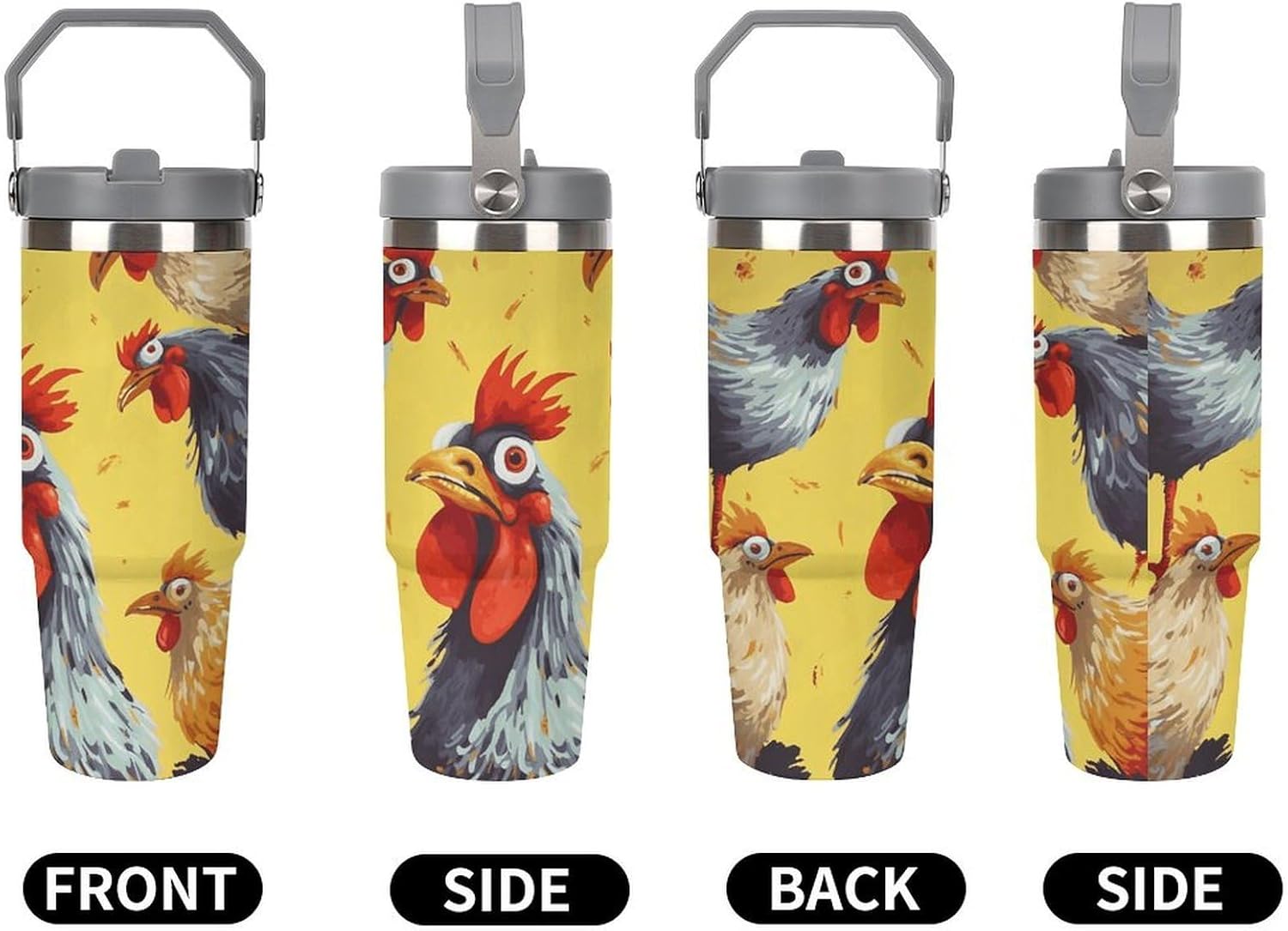 Art Chicken Painting Water Bottle 30 Oz Fits Car Cup Holder,Insulated Coffee Mug Large Capacity Car Cups,Stainless Steel Double Wall Sport Bottle for Travel Sports Gym