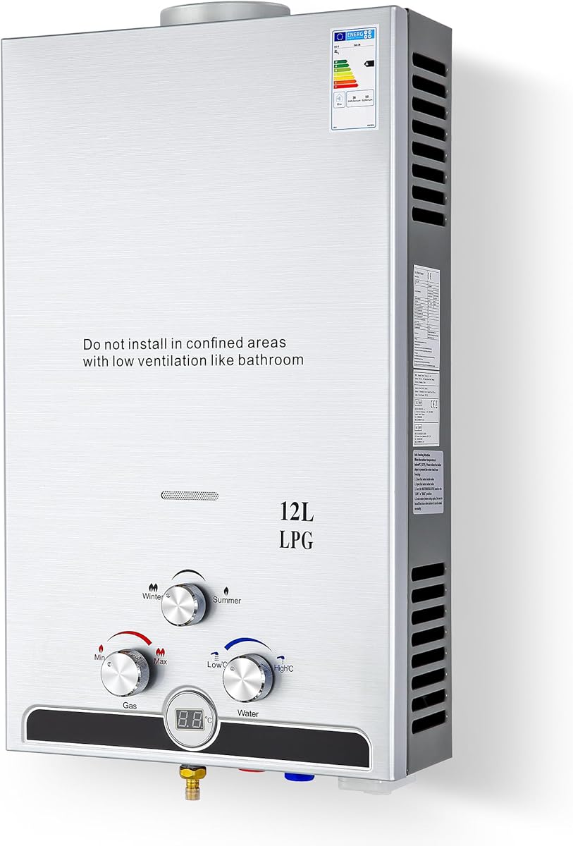 CO-Z Chauffe-Eau à Gaz Instantané 12LPM 20,4kW LPG GPL au Butane Propane avec Modes Hiver et Eté Sans Réservoir en Acier Inoxydable CE Certifié Portable pour Maison Camping Caravane