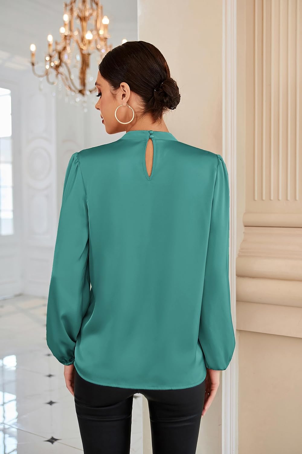 GRACE KARIN Women's Long Sleeve Satin Blouse,Mock Neck Work Silk Shirts,Dressy Tops for Business Casual Office - Image 3