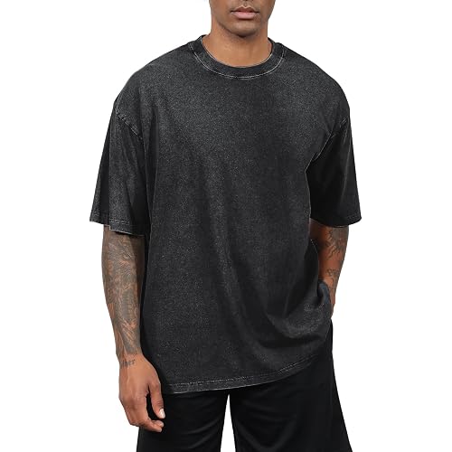 Fkatuzi Oversized Cotton Solid T Shirts for Men Vintage Acid Wash Tshirt Streetwear Basic Tees Baggy Loose Unisex Tops