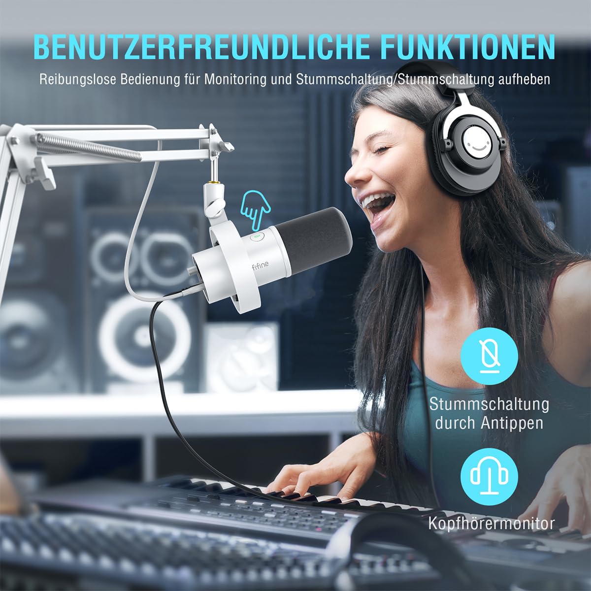Fifine K688CTW Kit Micrófono Dinámico Podcast Blanco | Con Brazo de Boom, Puertos XLR/USB para PC, Mezclador de Audio. Conector de Auriculares para Grabación Vocal y Música