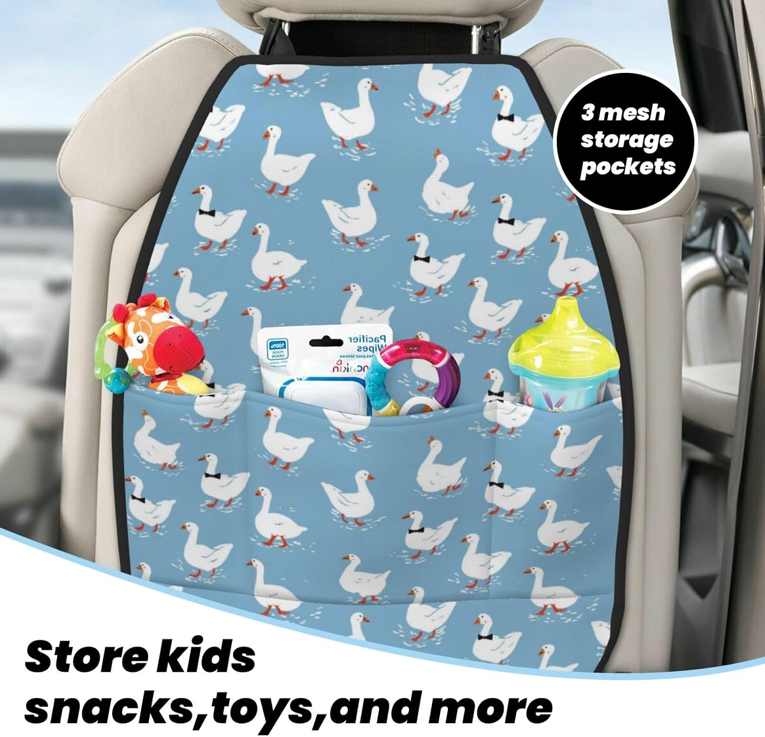 Cute White Goose Car Seat Back Kick Protector 2 Pack, 18.5x26.4 Inch Anti-Kick Pad, Waterproof Oxford Fabric Large Rear Seat Cover for Kids Pets Fits SUV Jeep Truck Sedan