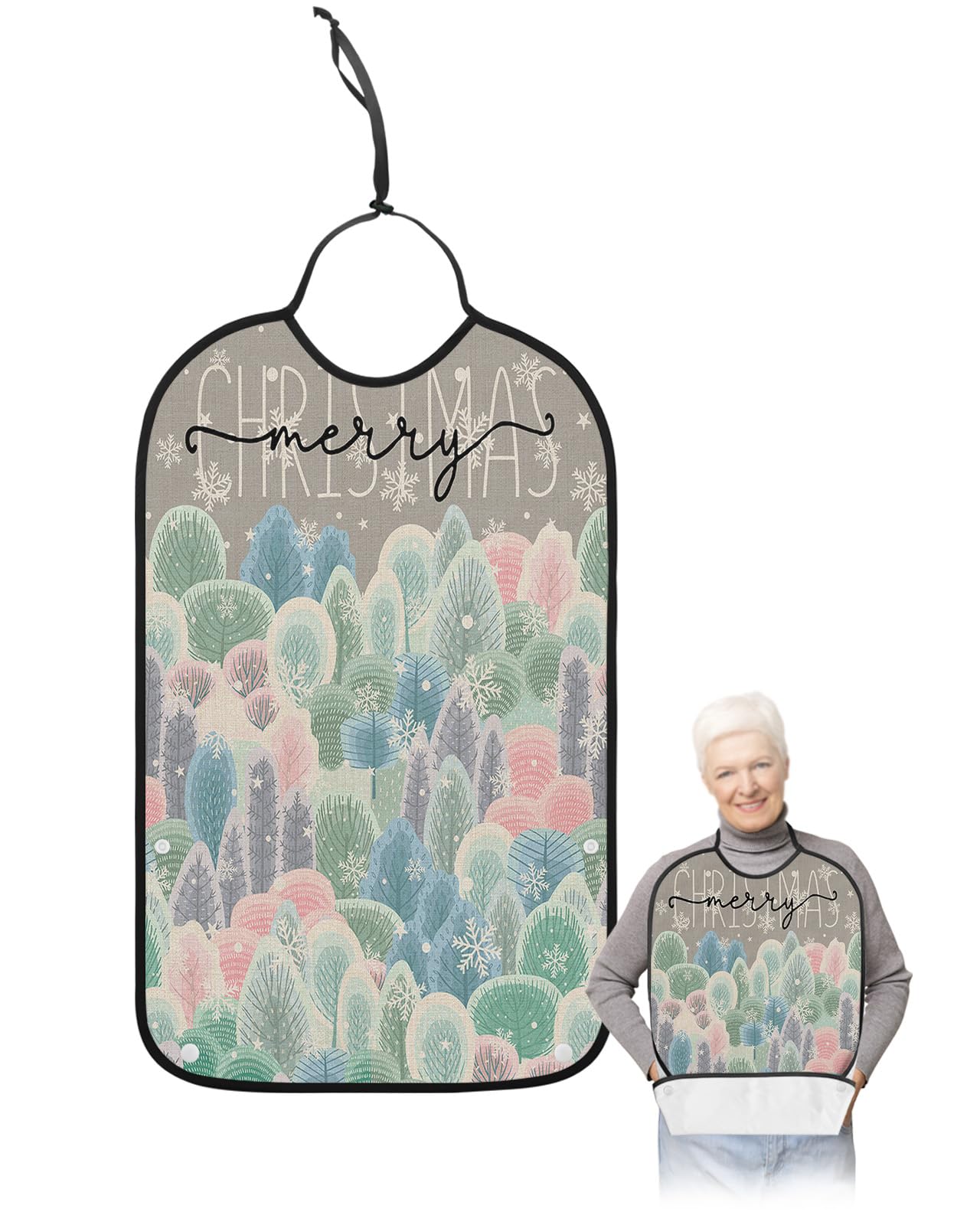 Christmas Tree Adult Bibs for Eating, Waterproof Bibs with Food Catcher & Adjustable Snap Closure, Grey Xmas Tree Winter Snowflake Washable Clothing Protectors Adult Bibs for Elderly Women/Men