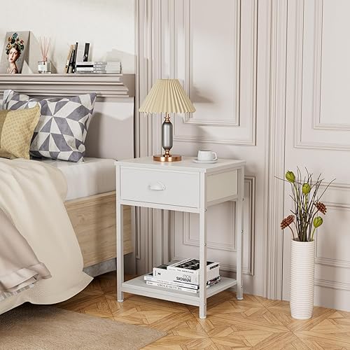 Miniatura 8 de Furologee Juego de estantería y mesita de noche blanca, estantería estrecha de 5 niveles de alto, estantes de pie modernos, mesa auxiliar pequeña